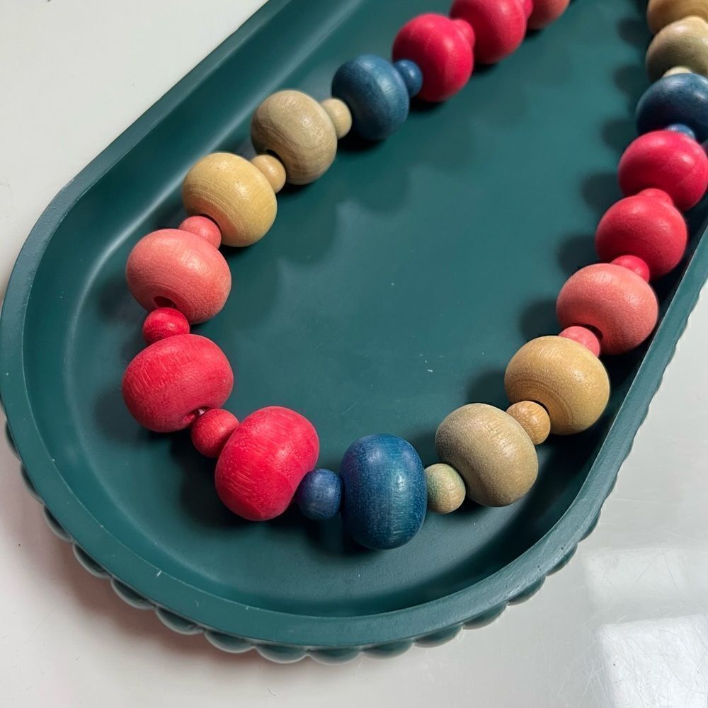 Vintage Handmade Oversized Chunky Boho Rainbow Wooden Bead Statement Necklace